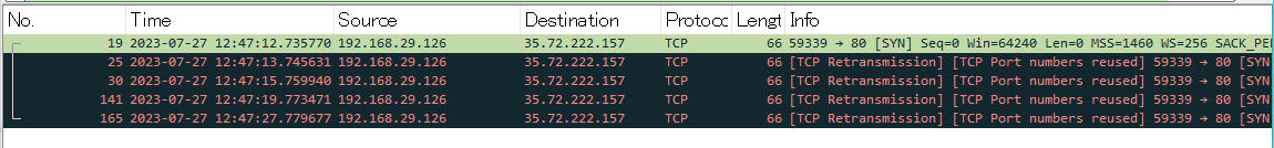 HTTPのTCPハンドシェイクが成功せず,パケットが返ってこない